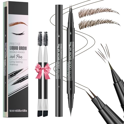 NinjaTiger Waterproof 2-Pack Eyebrow Pencil Set - Dark Brown & Black Brown, 2-in-1 Microblading Brow Pen for Women