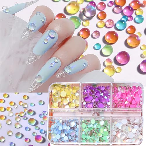 6 Colors Aurora Mermaid Beads Nail Charms - 3D Bubble Nail Gems for Nail Art & DIY Crafts