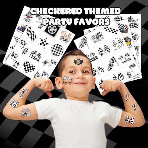 60 Race Car Temporary Tattoos - Checkered Flag Designs for Parties