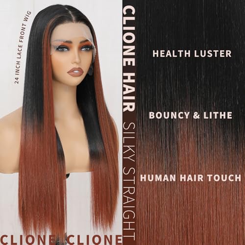 CLIONE 24 Inch Ombre Highlight Straight Lace Front Wig for Black Women - Pre-Plucked Synthetic Hair, Glueless, Beginner-Friendly