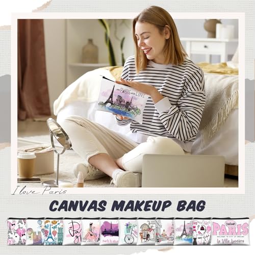 Reginary 12-Pack Paris Souvenir Makeup Bags for Women, Zippered Cosmetic Pouches