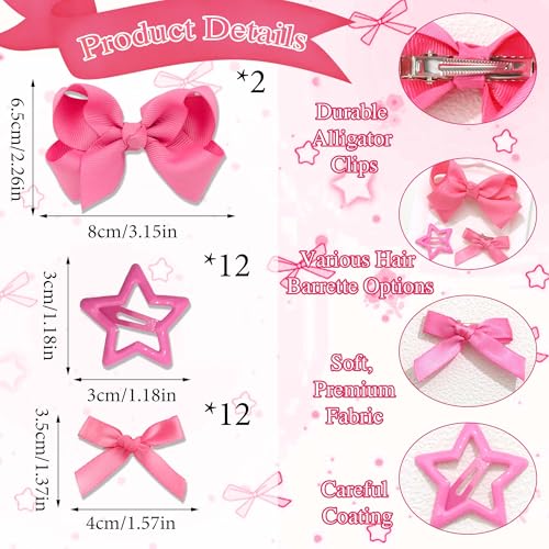 STGDAK Hot Pink Hair Bows Set 26pc Star & Ribbon Clips, Variation 39