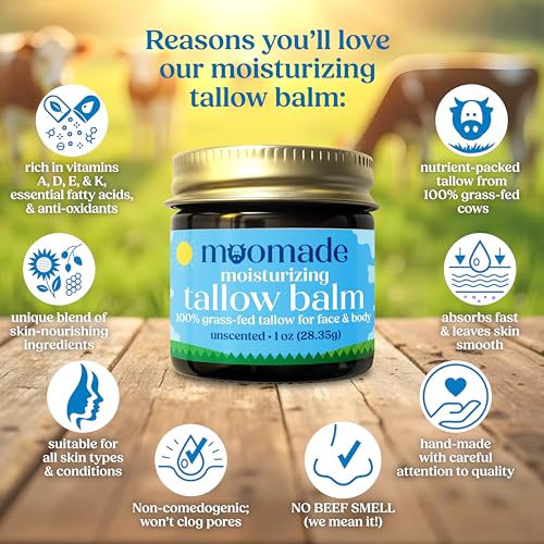 Moomade Unscented Grass-Fed Tallow Balm for Sensitive Skin 1 oz - Organic, Versatile Moisturizer