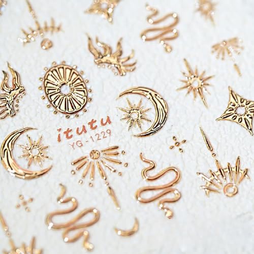 Gold 5D Nail Art Stickers - Star & Moon Design Self-Adhesive Decals
