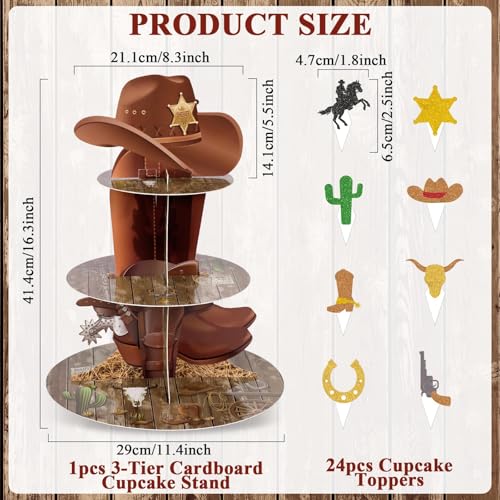 3-Tier Western Cowboy Cupcake Stand with 24 Toppers - Birthday Party Decoration