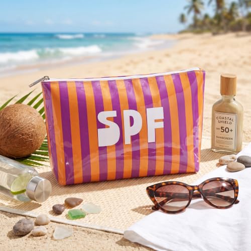 15SPF Orange Waterproof Striped PVC Makeup Bag Large Capacity Travel Organizer