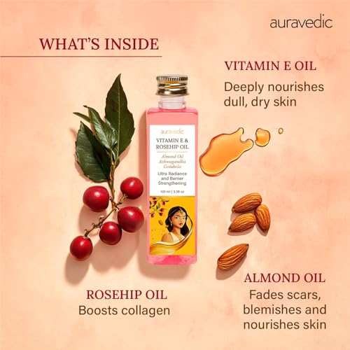 Auravedic Cold-Pressed Rosehip Face Oil with Vitamin E - Hydrating Natural Skin Care, 3.38 Fl Oz