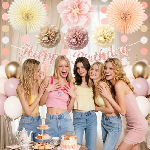 Boho Pink Birthday Decorations Set with Gold Balloons & Banner