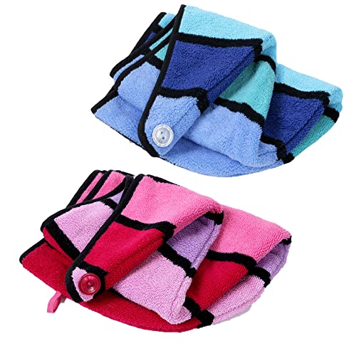Anller 2-Pack 100% Cotton Hair Towel Wrap with Button for Fast Drying