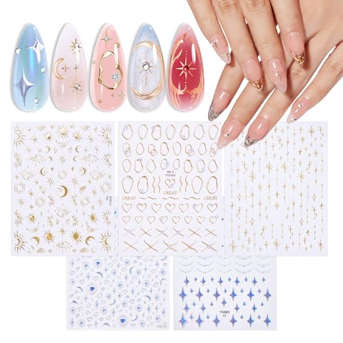 Modelones 3D Nail Stickers - Gold & Laser Heart Designs (5 Pcs)