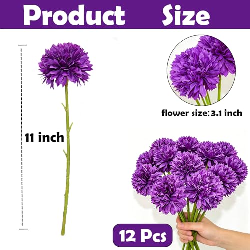 12 Pcs Purple Artificial Ball Chrysanthemum Bouquet for Decor