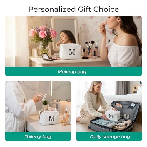 Personalized White Waffle Makeup Bag with Initial Embroidery - Medium