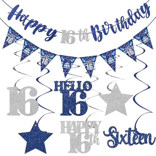 16th Birthday Decorations Kit - Blue Silver Banners & Swirls