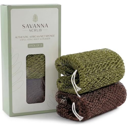 Savanna Scrub Authentic African Net Sponge - Brown & Green Exfoliating Back Scrubber, 2 Pieces