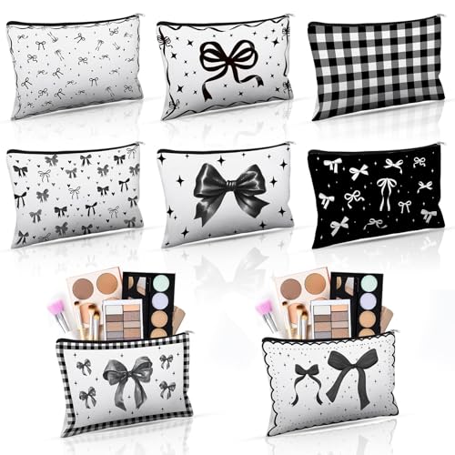 Black Bow Makeup Bags Set - 8 Floral Canvas Cosmetic Pouches for Women & Bridesmaids