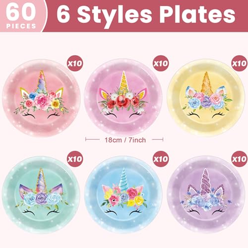 60PCS Unicorn Birthday Party Plates - Colorful 7-Inch Disposable Tableware