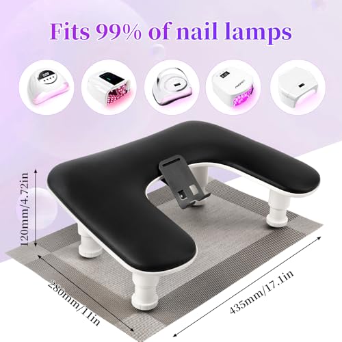 YINGJEE Manicure Arm Rest with Rotating Phone Holder - Black, Adjustable Nail Stand