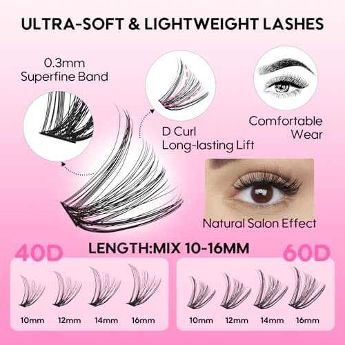 Azenlo Lash Extensions 40D+60D Cluster 240pcs DIY Wispy Lash Clusters 10-16mm Eyelash Clusters for Beginners At Home Individual Thin Band Lash Kit (40D+60D Kit)