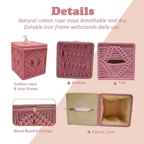 Handwoven Boho Tissue Box Cover - Decorative Pink Holder
