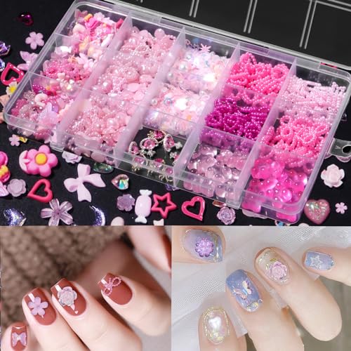 Tatiwoo S3 Pink 3D Pearls & Gems Nail Charms Set for Nails & Art