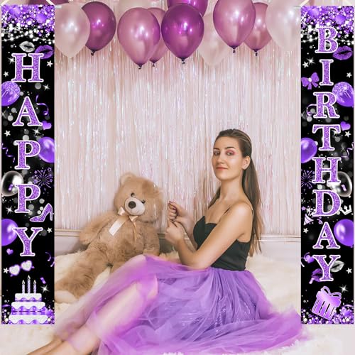Purple Happy Birthday Banner Set - Glittery Porch Signs for Parties