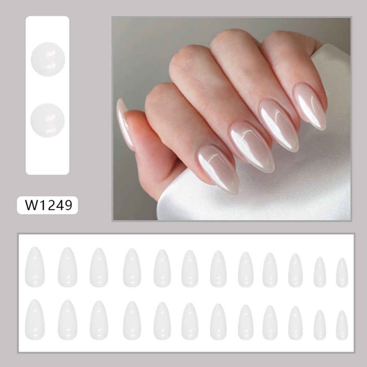 Press On Nails Almond - Medium Aurora Design Full Cover Fake Nails | 24 Pcs White Stick-On for Women