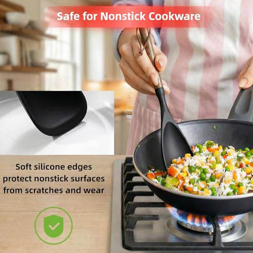 TOPAA 2-Pack Silicone Spoonula with Wooden Handle - BPA-Free, Heat Resistant Cooking Spoon for Nonstick Cookware