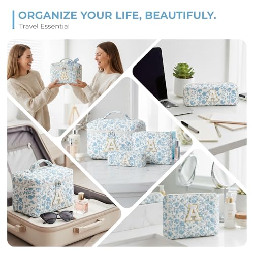 Yestar 3PCS Initial Makeup Bag Set - Quilted Floral Cosmetic Bags, White, M