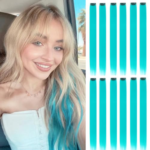 Dlyoigr 12PCS Teal Clip-In Hair Extensions 22 Inch Long Synthetic Highlights for Girls & Women, Easy to Use Cosplay & Party Hairpieces