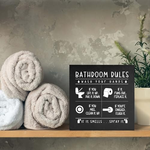 Funny Bathroom Rules Wooden Box Sign - 5x5 Rustic Home Decor