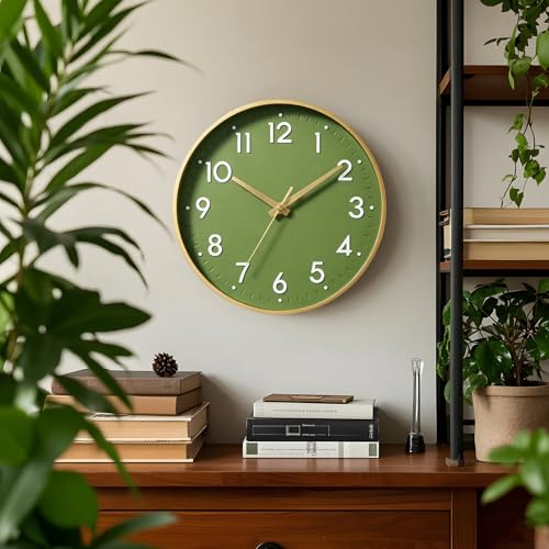 10 Inch Silent Wall Clock - Olive Green & Gold Modern Design