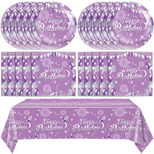 Purple Birthday Decorations Set for 20 – Elegant Tableware with Plates, Napkins & Tablecloth