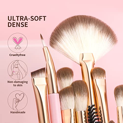 docolor Pink Eyeshadow Brush Set 15Pcs for Eye Makeup, Blending & Detail Work