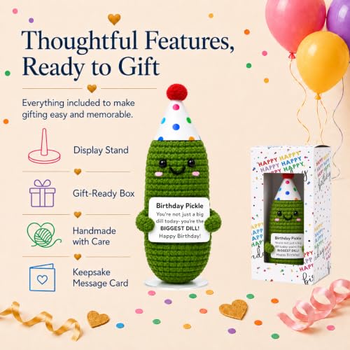 Funny Handmade Crochet Birthday Pickle Gift with Stand & Box
