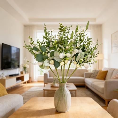 Artificial Eucalyptus Stems with White Florals - Set of 6, 18 Inch