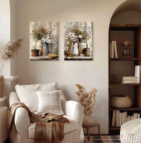 Farmhouse Daisy Canvas Wall Art Set - Vintage Floral Prints 12x16