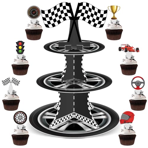 Race Car Cupcake Stand with 24 Toppers - 3 Tier Dessert Holder