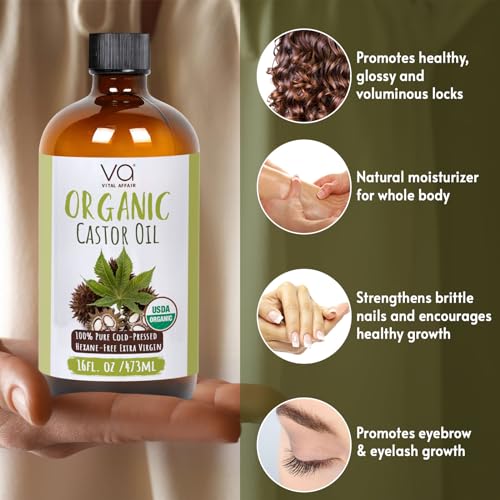 VITAL AFFAIR Organic Castor Oil 16 oz - Cold Pressed, Hexane Free & Unrefined Glass Bottle for Pack Wrap Routine, Hair Growth, Skincare, Face & Nails