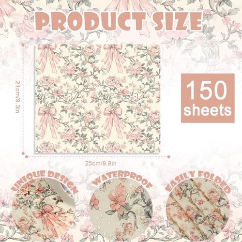 150 Sheets Pink Floral Wax Paper for Food Wrapping, 9.8x8.3
