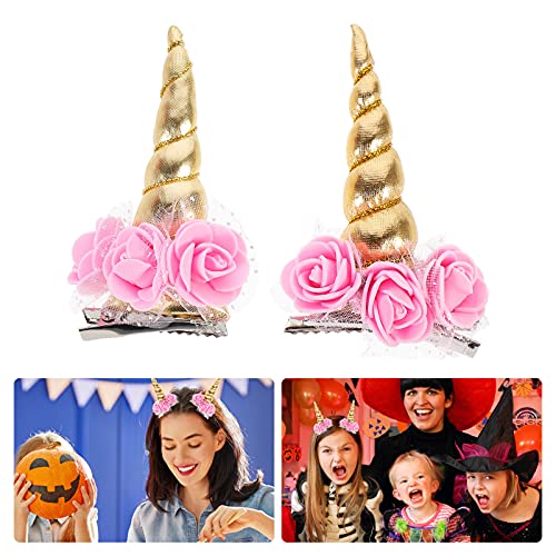 Golden Pink Flower Horn Hair Clips - 2 Pack for Girls