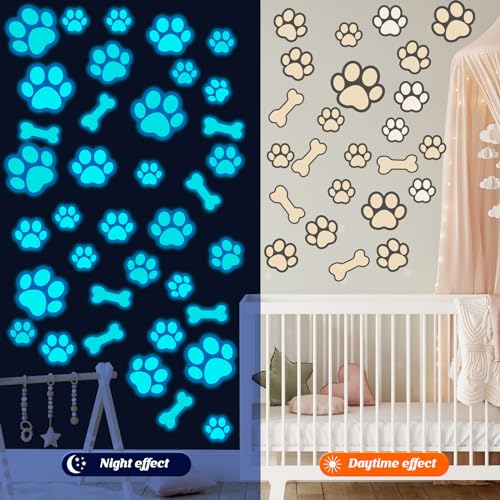 Glow in the Dark Dog Paw Stickers - 127 Removable Vinyl Decals for Kids' Rooms