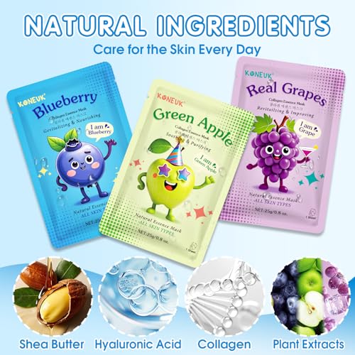 KONEUK 24 Pack Fruit Cartoon Face Mask Set, Collagen Hydrating Skincare