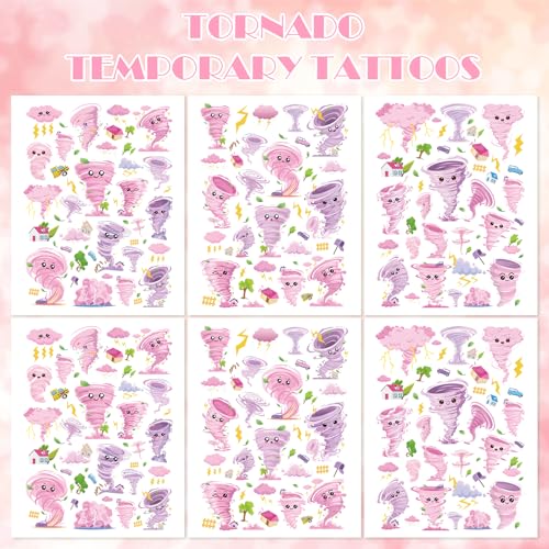 Pink Tornado Temporary Tattoos for Kids - 6 Sheets, Waterproof & Safe Party Favors