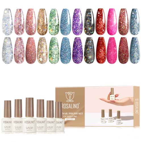 ROSALIND 12PCS Glitter Gel Nail Polish Kit - Sparkle Sequins for Party Night