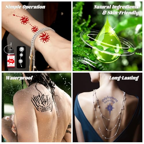 12 Bottle Temporary Tattoo Ink Kit - 9 Colors & 130 Stencils