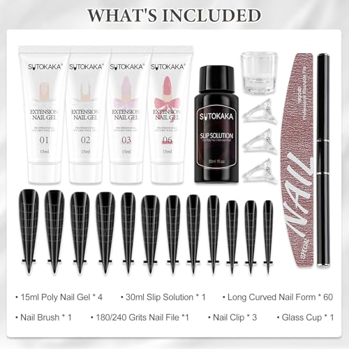 SUTOKAKA Poly Gel Nail Starter Kit 4 Colors Clear White Pink with Dual Forms & Tools