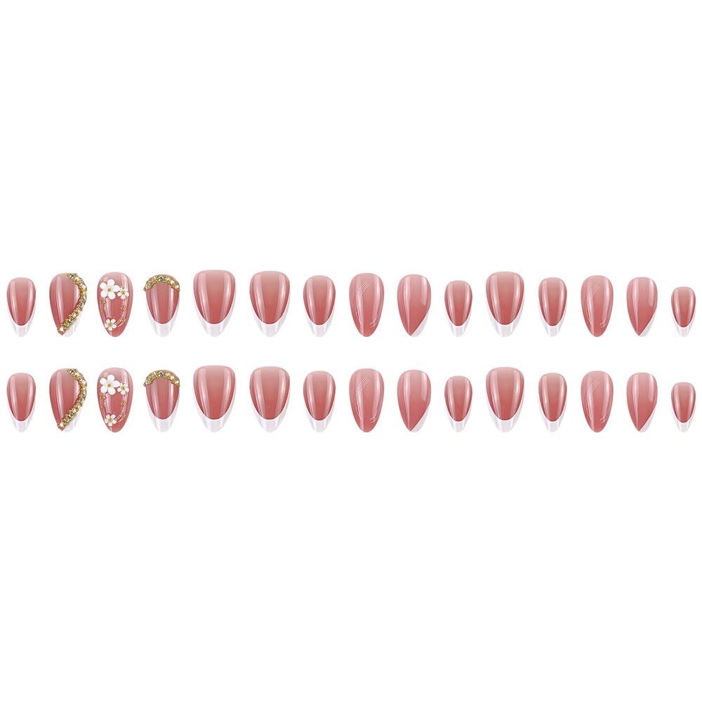 30Pcs White French Tip Press on Nails Medium Almond 3D Flower Fake Nails with Gold Rhinestone Designs Summer Pink False Nails Handmade Stick on Nails Artificial Nails Spring Glue on Nails for Women