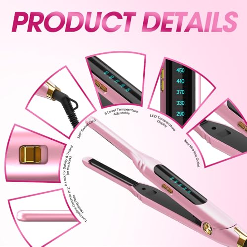 Mvxitanny Mini Hair Straightener for Short Hair with LED Display, 15s Heat Up, Dual Voltage