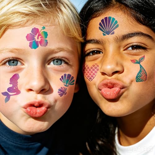 CHARLENT Glitter Mermaid Temporary Tattoos for Kids - 74 Sheets Party Decor