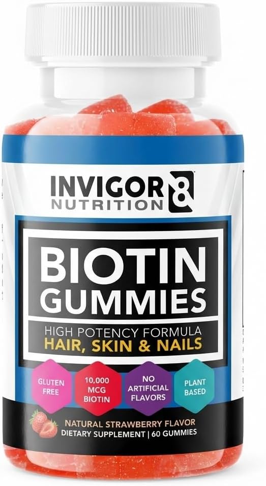 Biotin Gummies for Hair, Skin & Nails - Vegan 10000mcg Strawberry Flavor | 60 Count
